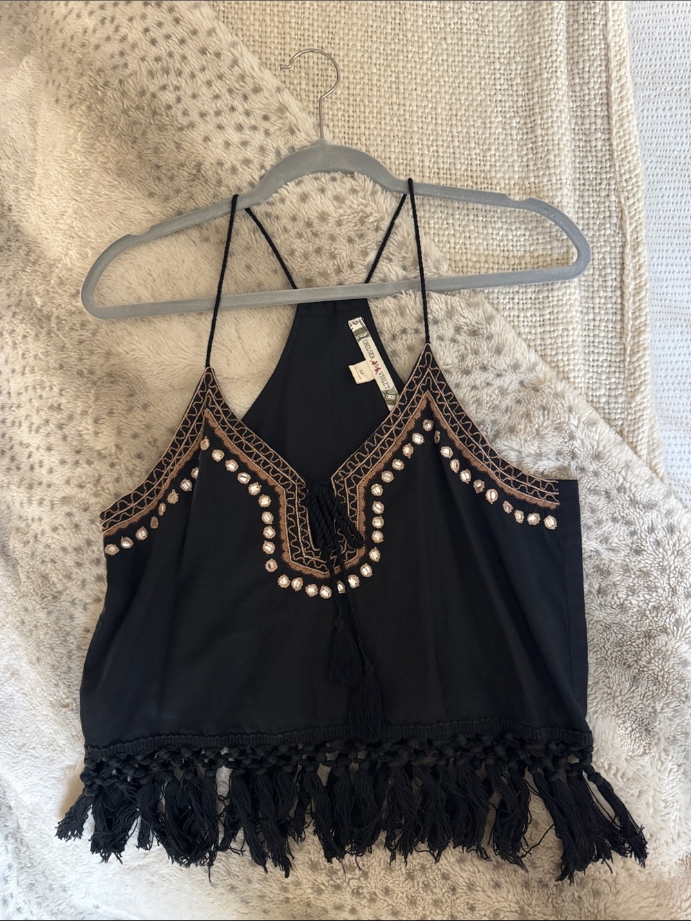 Chelsea & Violet Black Embellished Fringe Crop Tank
